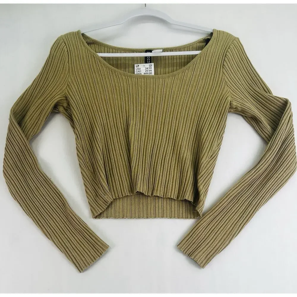 H&M Divided Rib Knit Crop Top Olive Green Long Sleeve Women’s Medium NWT